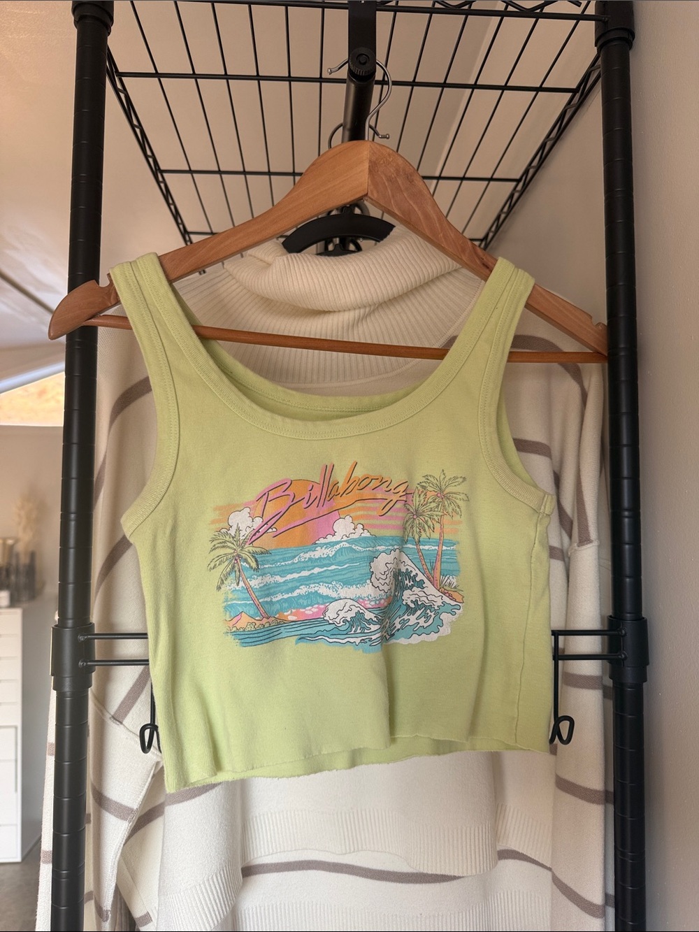 Billabong Light Lime Green Crop Tank with Surf & Palm Graphic